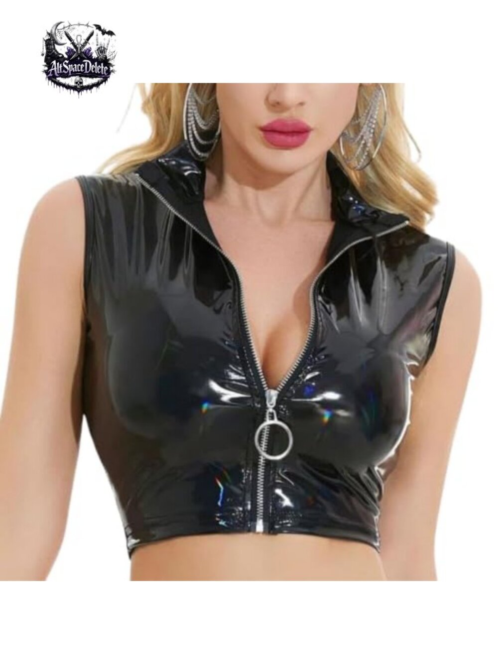 Wetlook Faux Leather Crop Top Sleeveless Zip Front Mock Neck Club Vest